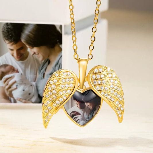 Collana fotografica personalizzata con ali d'angelo, collana fotografica, collana commemorativa