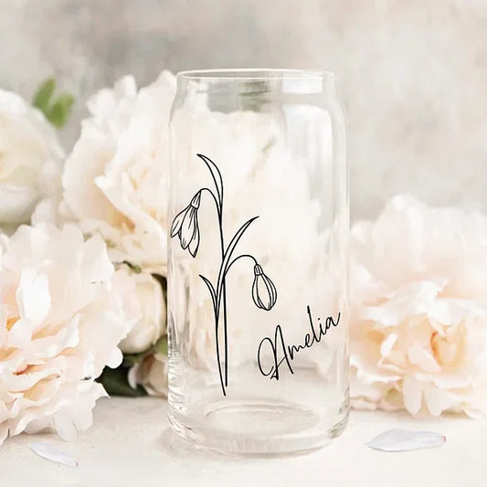 Personalisierte Geburtsblumen-Tumbler-Glasdose mit Bambusdeckel und Strohhalm